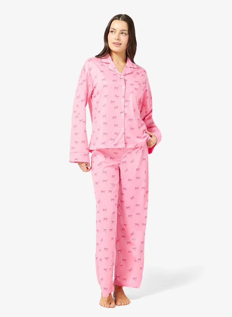 Ginger Bow Print Button Up Shirt & Pyjama Set